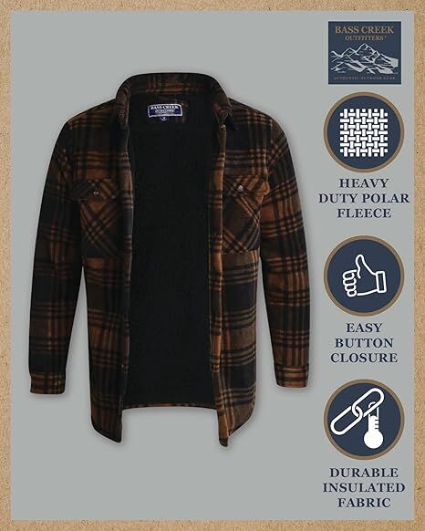 Bass Creek Outfitters Men's Heavy Duty Polar Fleece Sherpa Lined Shirt Jacket