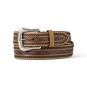 M & F Western Men's Ariat Floral Tooled Leather Belt in Tan