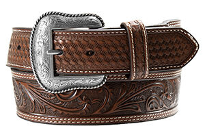 M & F Western Men's Nocona Floral Stamped Leather Belt in Brown