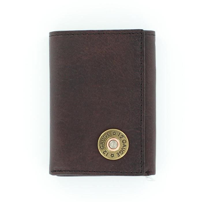 Nocona Leather Tri-Fold Wallet in Dark Brown with 22 Gauge Shotgun Shell Concho