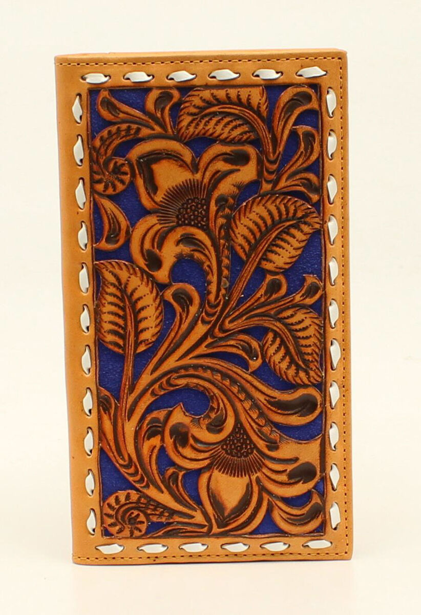 Nocona Leather Rodeo Wallet in Tan with Floral Blue Design