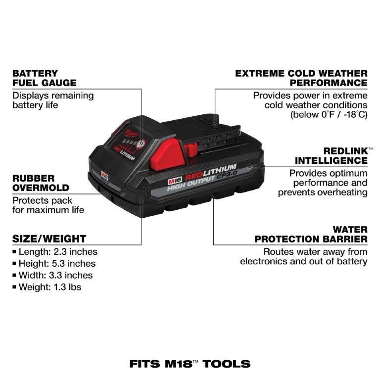 Milwaukee M18 RedLithium High Output CP3.0 Battery, 3-Ah