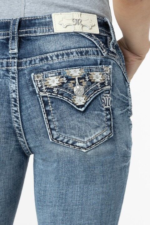 Miss Me Women's Coral Aztec Straight Jeans in Medium Wash Pants