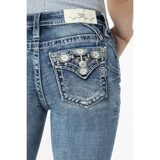Miss Me Women's Coral Aztec Straight Jeans in Medium Wash Pants