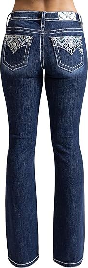 Miss Me Women's Embroidered Western Faux Flap Pocket Mid Rise Bootcut Jeans