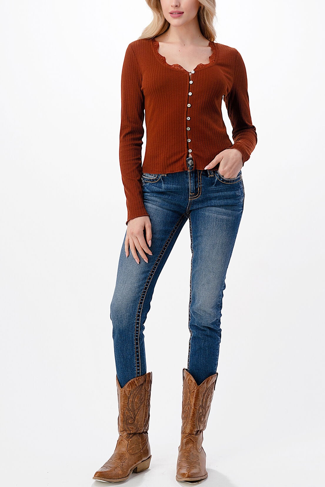 Miss Me Women's Long Sleeve Scoopneck Ribbed Knit Top with Lace Trim