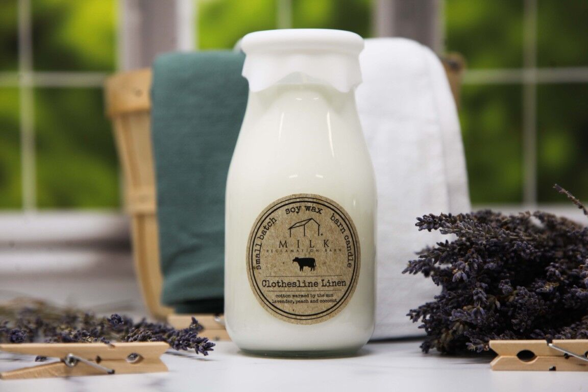 Milk Reclamation Barn Clothesline Linen Scent Milk Bottle Candle, 13-Oz