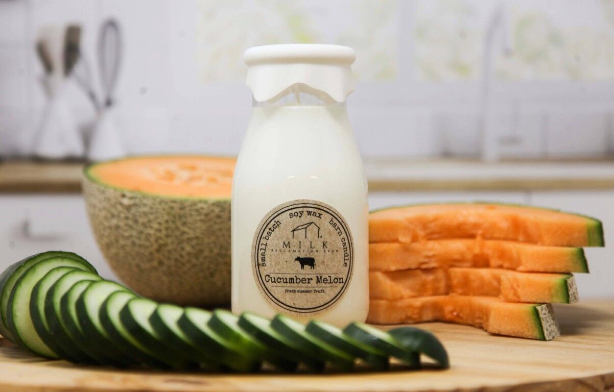 Milk Reclamation Barn Cucumber Melon Milk Bottle Candle, 13-Oz