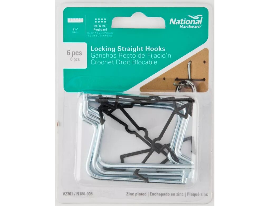 National Hardware Zinc Plated Locking Straight Hooks, 2-1/2-In, 6-Pk