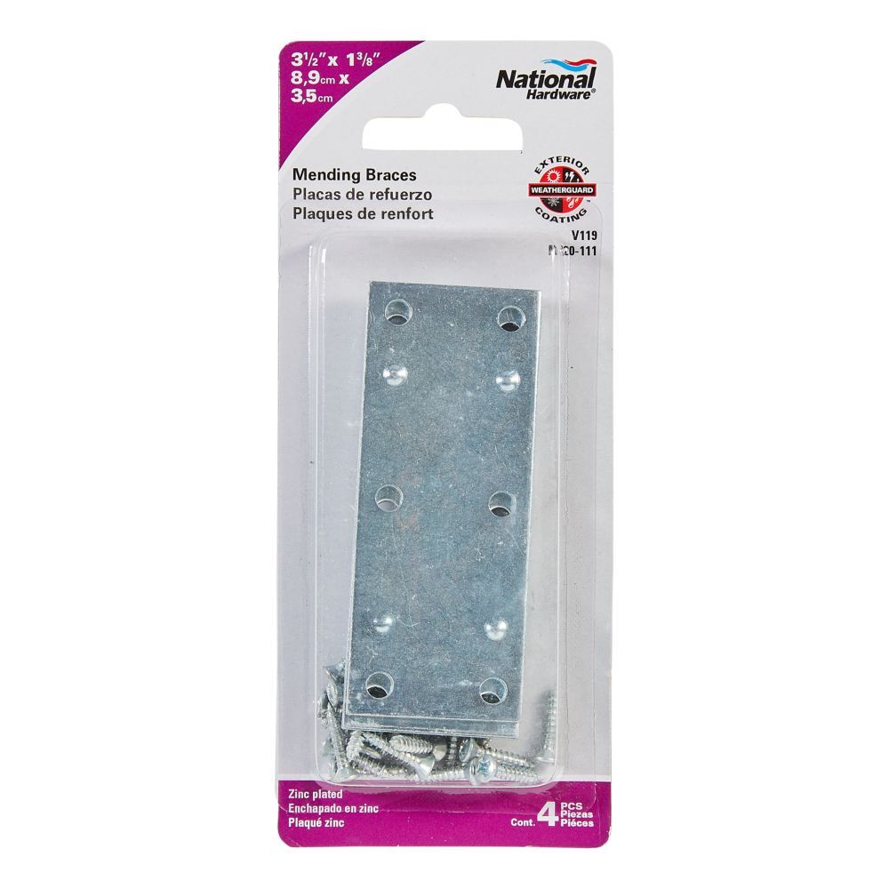 National Hardware Zinc Plated Mending Brace, 3 1/2-In x 1 3/8-In, 4-Pk