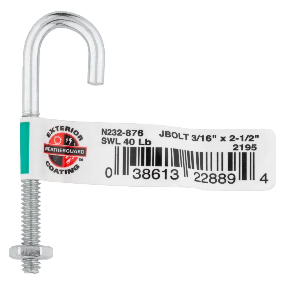 National Hardware Zinc Plated J Bolt, 3/16-In x 2 1/2-In