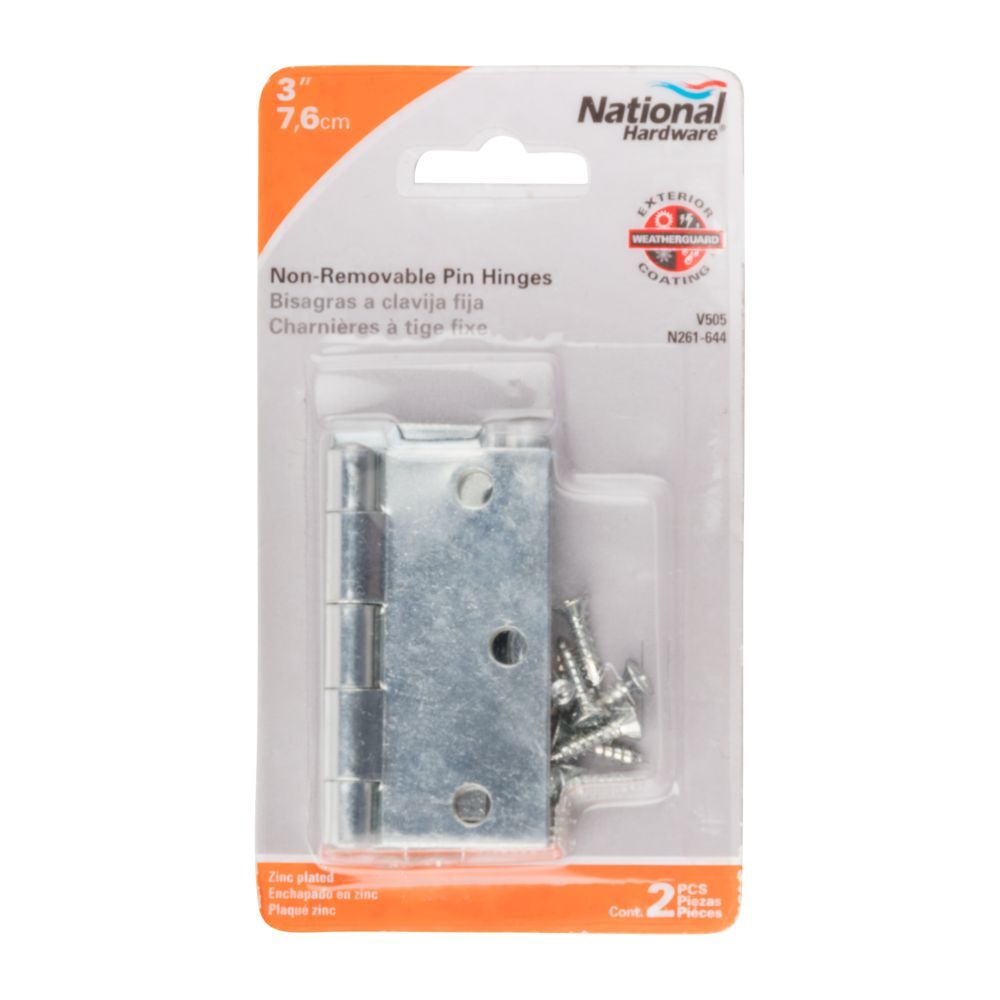 National Hardware Zinc Plated Non-Removable Pin Hinge, 3-In, 2-Pk