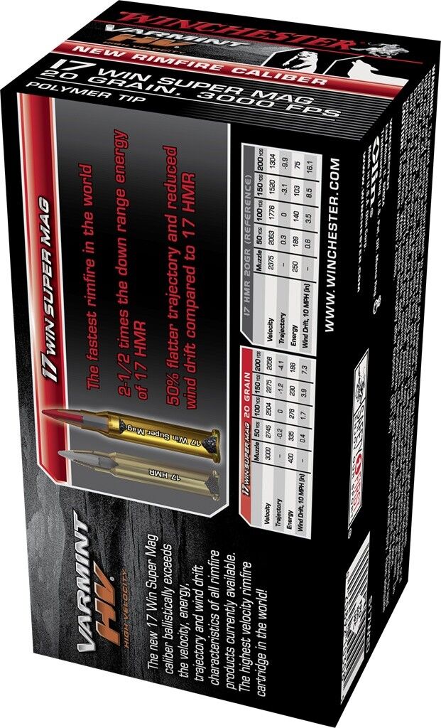 Winchester Varmint HV .17 WSM, 20 Grain Polymer Tip Rifle Ammo, 50-Rd