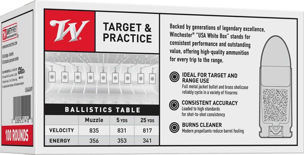 Winchester Target & Practice .45 Auto, 230 Grain Full Metal Jacket Pistol Ammo, 100-Rd