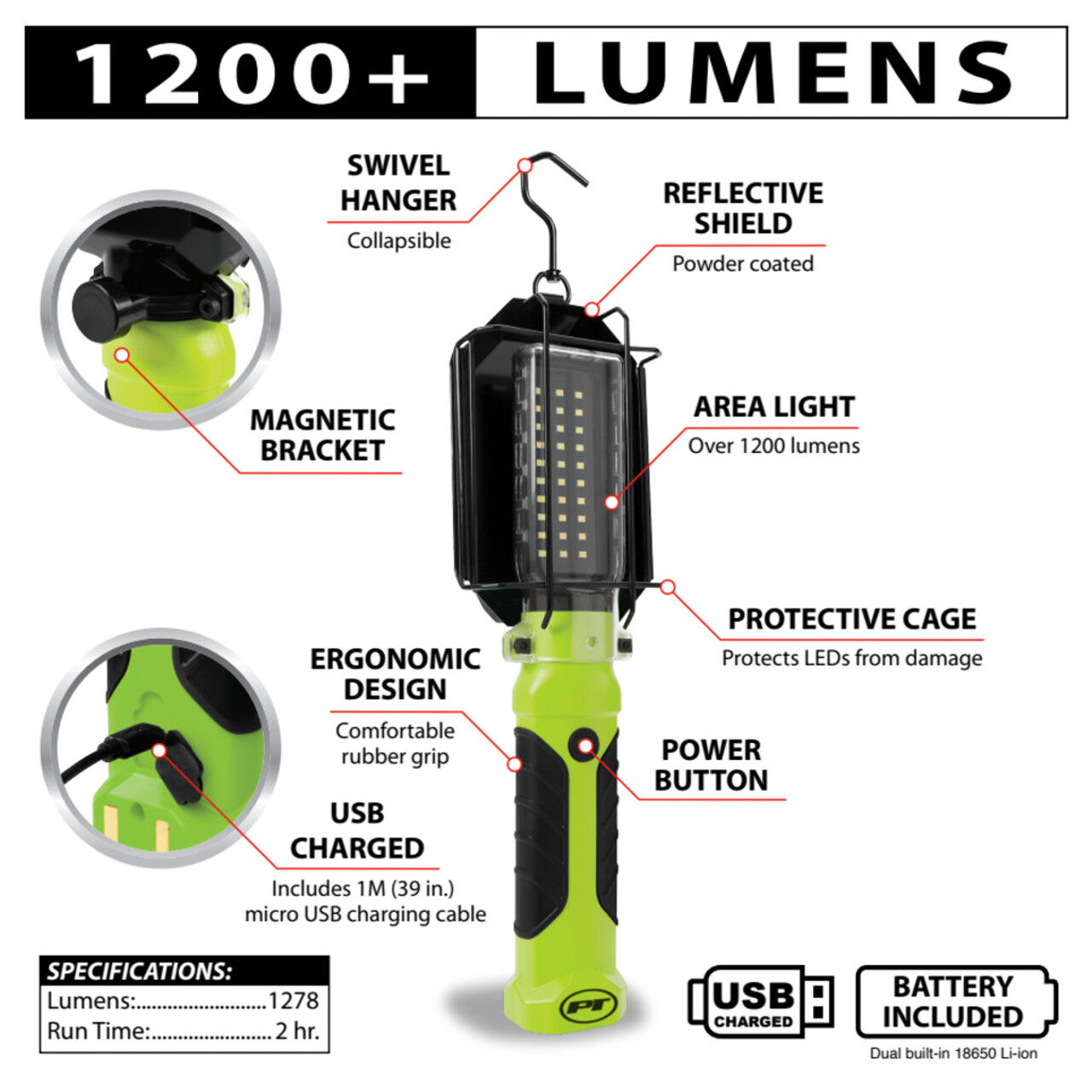 Performance Tool Rechargeable Li-Ion LED Drop Light, 1200-Lm