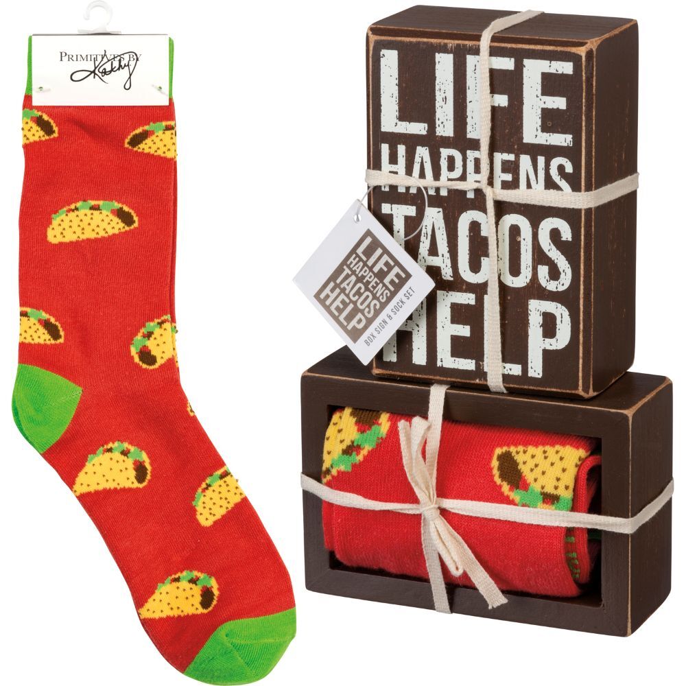 Primitives By Kathy Life Happens Tacos Help Box Sign And Sock Set