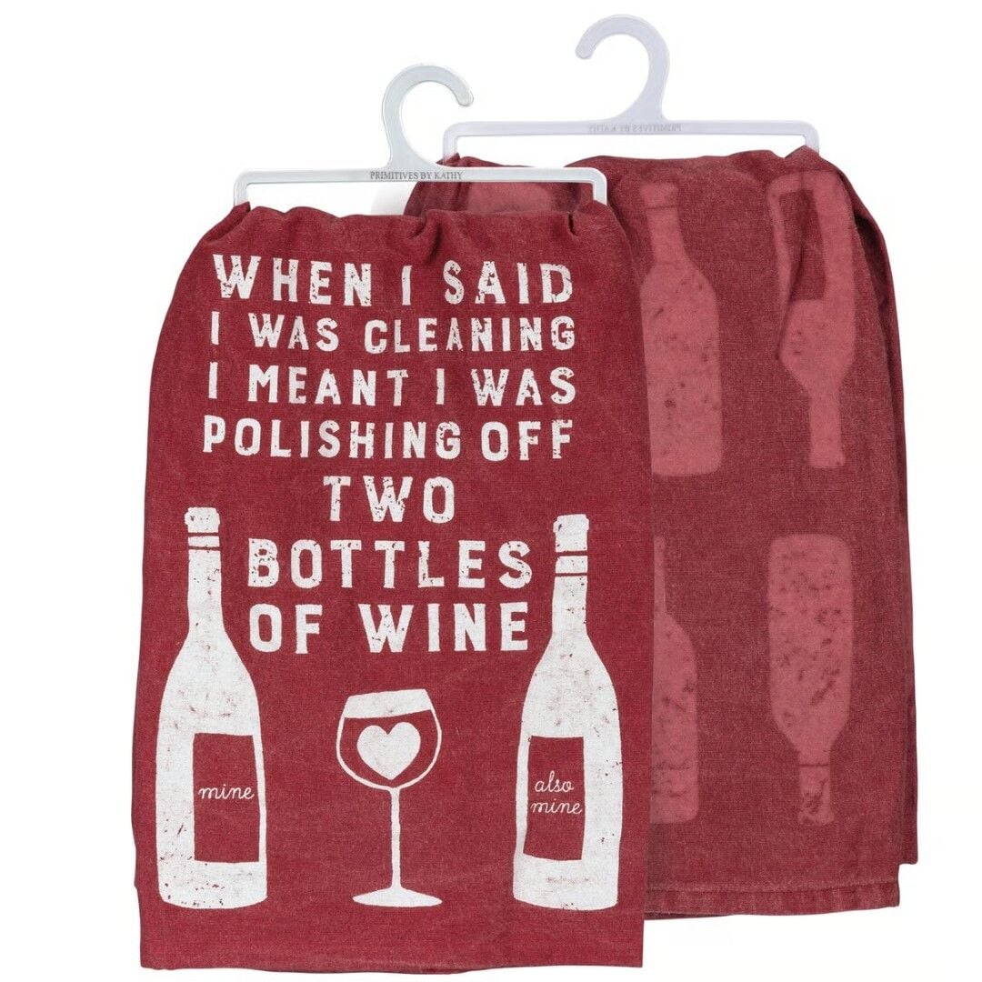 Primitives By Kathy Polishing Off Two Bottles Of Wine Kitchen Towel, 28 in. x 28 in.