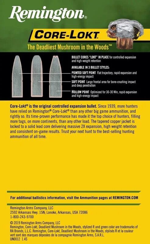 Remington Core-Lokt .270 Win, 130 Grain Pointed Soft Point Rifle Ammo, 20-Rd