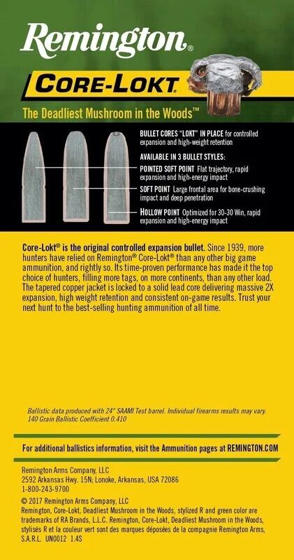 Remington Core-Lokt .308 Win, 150 Grain Pointed Soft Point Rifle Ammo, 20-Rd