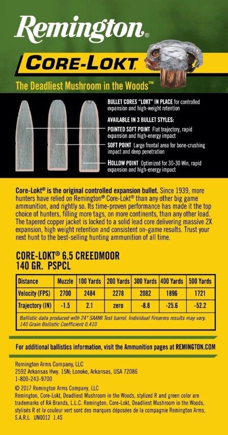 Remington Core-Lokt 6.5 Creedmoor, 140 Grain Pointed Soft Point Rifle Ammo, 20-Rd