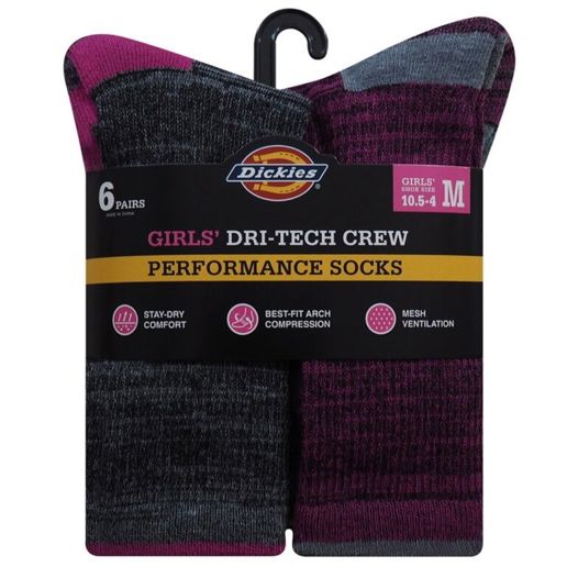 Dickies Girls' Dri-Tech Crew Performance Socks, 6-Pk