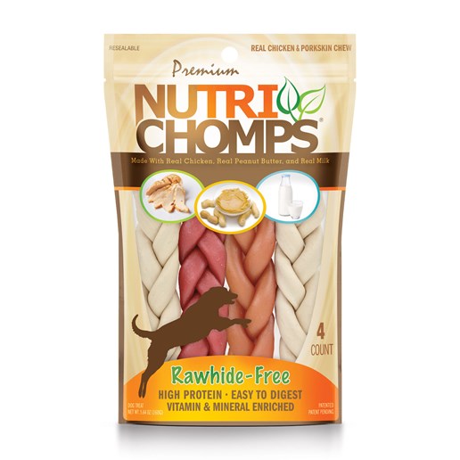 NutriChomps Dog Chews, 6-In Braids, Chicken, Peanut Butter, Milk, 4-Ct