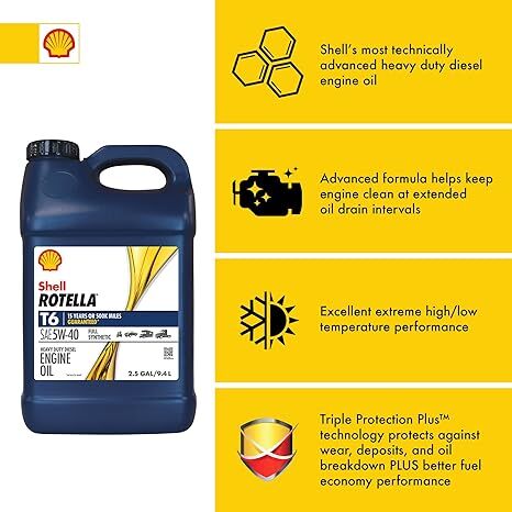 Shell Rotella T6 Full Synthetic 5W-40 Diesel Engine Oil, 2.5-Gal