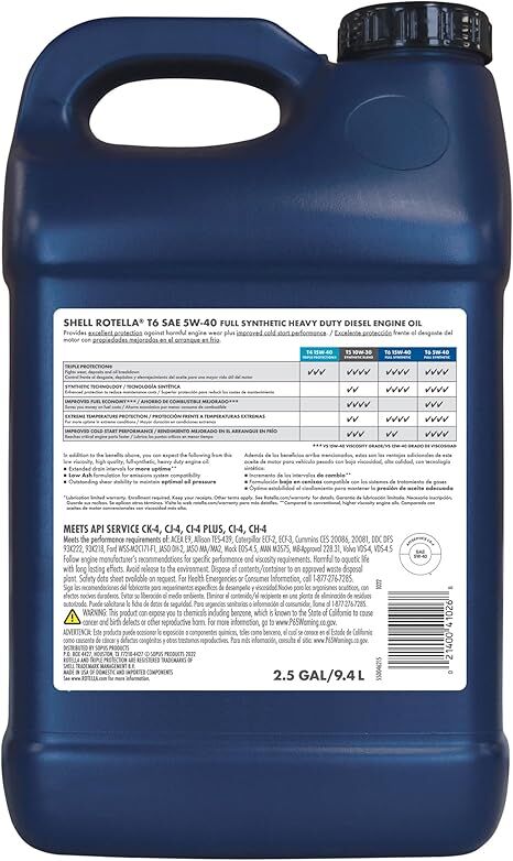 Shell Rotella T6 Full Synthetic 5W-40 Diesel Engine Oil, 2.5-Gal