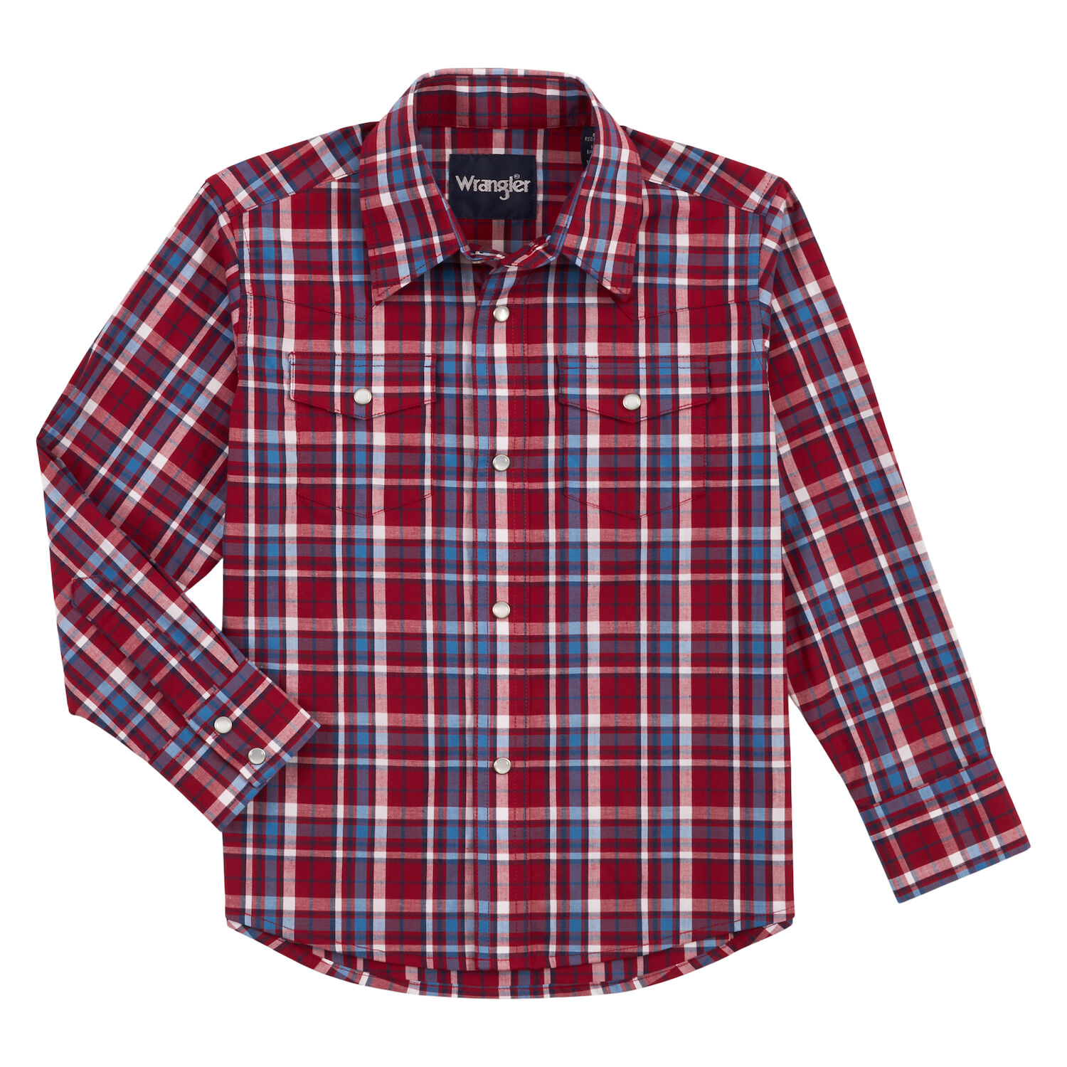 Wrangler® Western Boy's Wrinkle Resist Long Sleeve Shirt in Red/Blue Retro Plaid