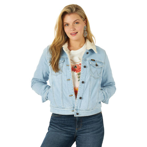 Wrangler® Women's Retro® Western Sherpa Lined Denim Button Jacket in Bleached Denim