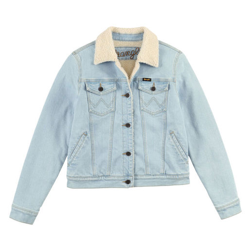 Wrangler® Women's Retro® Western Sherpa Lined Denim Button Jacket in Bleached Denim