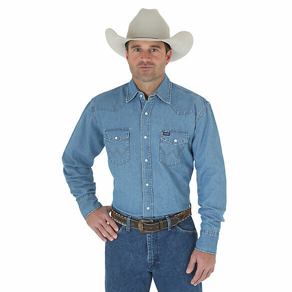 Wrangler Men's Cowboy Cut Work Western Stonewash Denim Long Sleeve Western Snap Solid Shirt