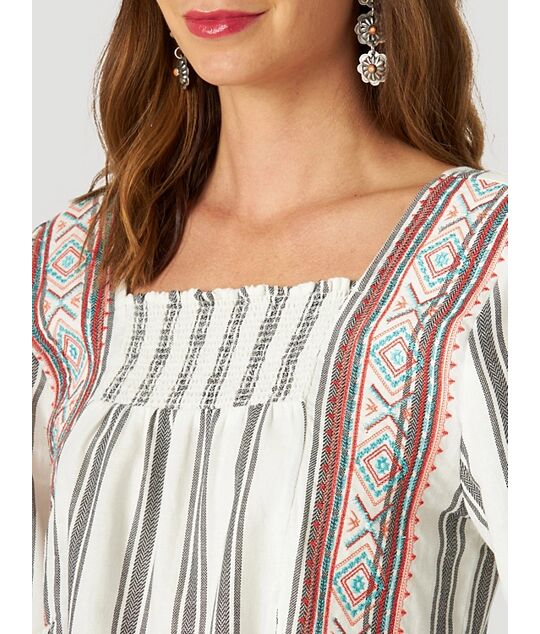 Wrangler Women's Retro Long Sleeve Embroidered Stripe Top
