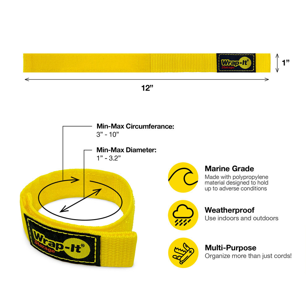 Wrap-It Quick-Straps 12-In Yellow Hook-and-Loop Strap, 3-Pk