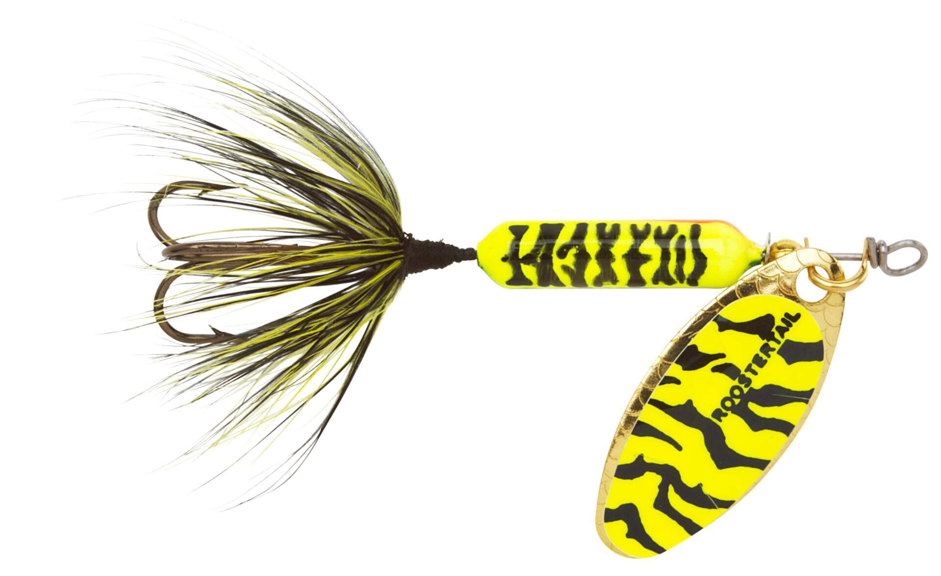Yakima Bait Chartreuse Black Tiger Original Rooster Tail with Treble Hook, 1/8-Oz, 2-1/4-In