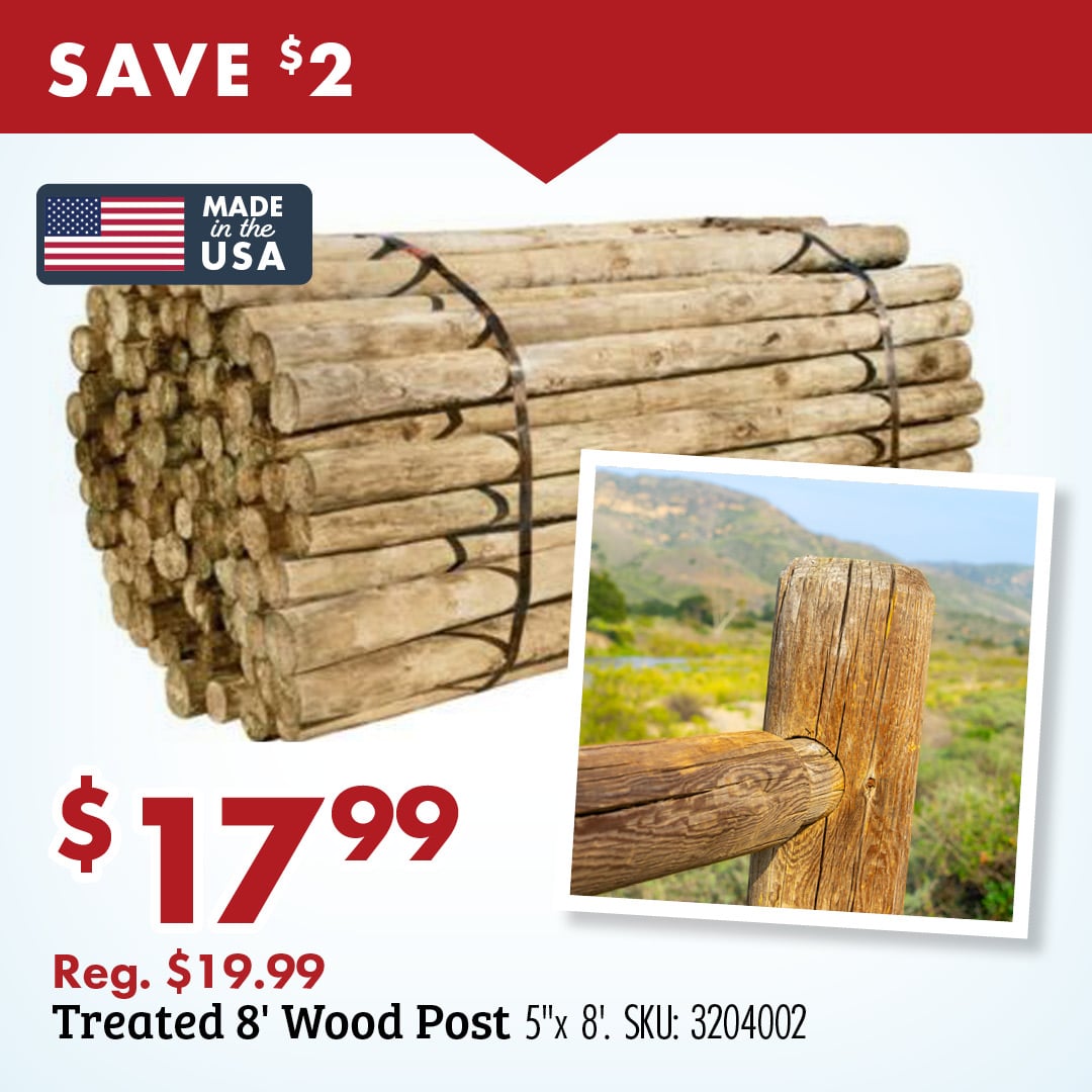 SAVE $2 MADE in the USA $17.99 Reg. $19.99 Treated 8' Wood Post 5"x8'. SKU: 3204002