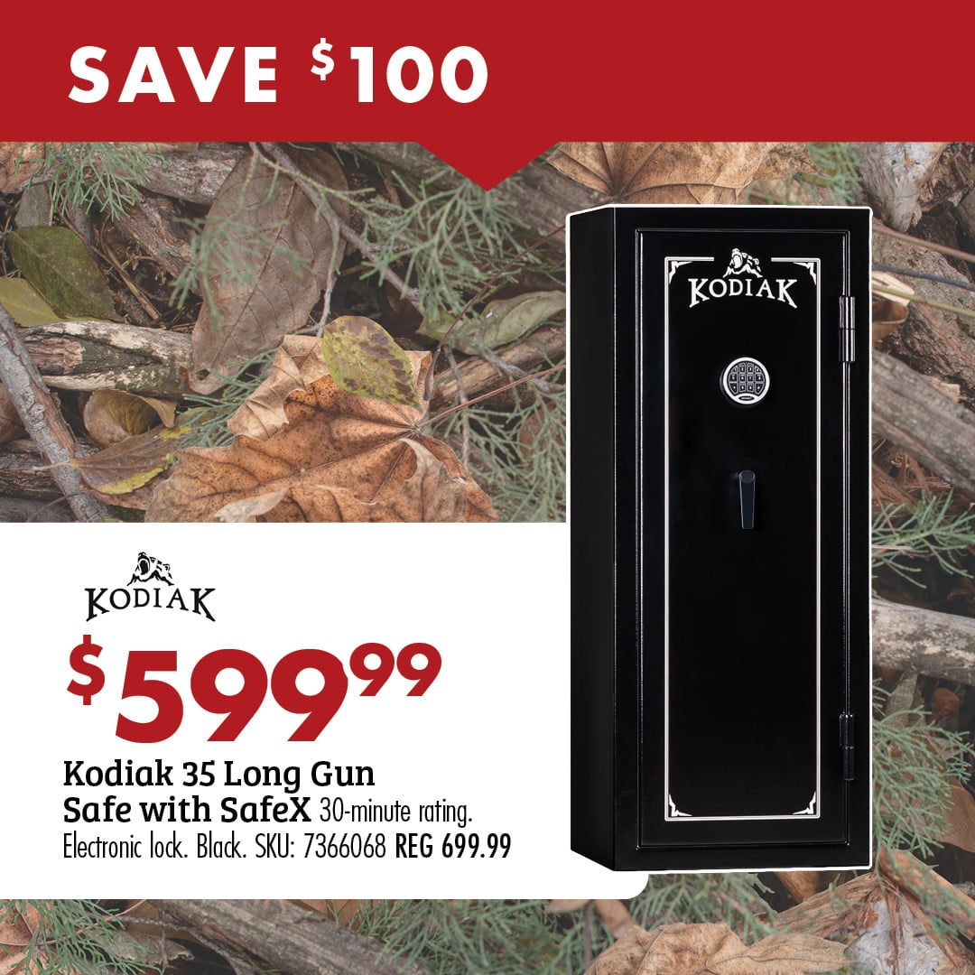 SAVE $100 $599.99 Kodiak 35 Long Gun Safe with SafeX 30-minute rating. Electronic lock. Black. SKU: 7366068 REG 699.99