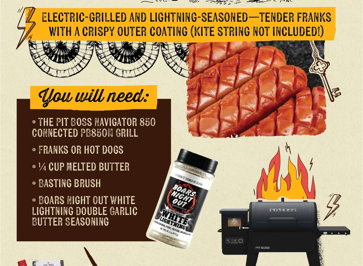 ELECTRIC-GRILLED AND LIGHTNING-SEASONED-TENDER FRANKS WITH A CRISPY OUTER COATING (KITE STRING NOT INCLUDED!) You will need: THE PIT BOSS NAVIGATOR 850 CONNECTED PB850M GRILL O 0 FRANKS OR HOT DOGS 1/4 CUP MELTED BUTTER 0 BASTING BRUSH BOARS NIGHT OUT WHITE LIGHTNING DOUBLE GARLIC BUTTER SEASONING IT SHOULD BE LEGA BOARS NIGHT OUT AWARD WINNING WHITE LIGHTNING FOR SELE, PORK, CHICKER WE 14.5 NO PIT BOSS