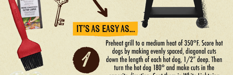 EXTRA WIDE BASTING BRUSH SPOUSE & BADDONNER ULTRA-LARGE IT'S AS EASY AS... 1 I Preheat grill to a medium heat of 350&deg;F. Score hot dogs by making evenly-spaced, diagonal cuts down the length of each hot dog, 1/2" deep. Then turn the hot dog 180&deg; and make cuts in the opposite direction. Coat them in White