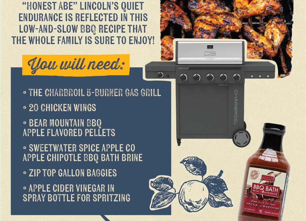 "HONEST ABE" LINCOLN'S QUIET ENDURANCE IS REFLECTED IN THIS LOW-AND-SLOW BBQ RECIPE THAT THE WHOLE FAMILY IS SURE TO ENJOY! You will need: THE CHARBROIL 5-BURNER GAS GRILL 20 CHICKEN WINGS &bull; BEAR MOUNTAIN BBQ APPLE FLAVORED PELLETS SWEETWATER SPICE APPLE CO APPLE CHIPOTLE BBQ BATH BRINE ZIP TOP GALLON BAGGIES APPLE CIDER VINEGAR IN SPRAY BOTTLE FOR SPRITZING CB CHARBROIL BBQ BATH BRINE CONCENTRATE glasen fire & lown sugar APPLE CHIPOTLE OSM BRINGS OF