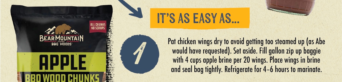 IT'S AS EASY AS... USA GREAT WITH SEAFOOD FORK 350 CUIN (5.34M BBQ BATH BRINE CONCENTRATE 1 Pat chicken wings dry to avoid getting too steamed up (as Abe would have requested). Set aside. Fill gallon zip up baggie with 4 cups apple brine per 20 wings. Place wings in brine and seal bag tightly. Refrigerate for 4-6 hours to marinate.
