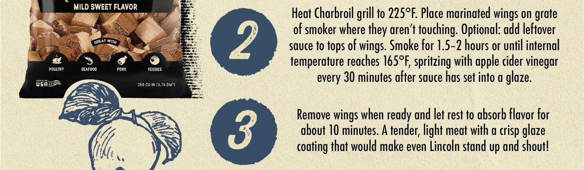 fan (we & Last CHIPOTLE APPLE What W 2 3 Heat Charbroil grill to 225&deg;F. Place marinated wings on grate of smoker where they aren't touching. Optional: add leftover sauce to tops of wings. Smoke for 1.5-2 hours or until internal temperature reaches 165&deg;F, spritzing with apple cider vinegar every 30 minutes after sauce has set into a glaze. Remove wings when ready and let rest to absorb flavor for about 10 minutes. A tender, light meat with a crisp glaze coating that would make even Lincoln stand up and shout! Want more ideas? CHECK OUT OUR OTHER ALL-AMERICAN BBQ RECIPES!