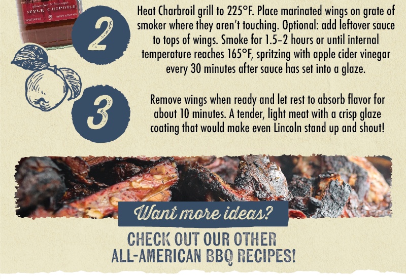 fan (we & Last CHIPOTLE APPLE What W 2 3 Heat Charbroil grill to 225&deg;F. Place marinated wings on grate of smoker where they aren't touching. Optional: add leftover sauce to tops of wings. Smoke for 1.5-2 hours or until internal temperature reaches 165&deg;F, spritzing with apple cider vinegar every 30 minutes after sauce has set into a glaze. Remove wings when ready and let rest to absorb flavor for about 10 minutes. A tender, light meat with a crisp glaze coating that would make even Lincoln stand up and shout! Want more ideas? CHECK OUT OUR OTHER ALL-AMERICAN BBQ RECIPES!